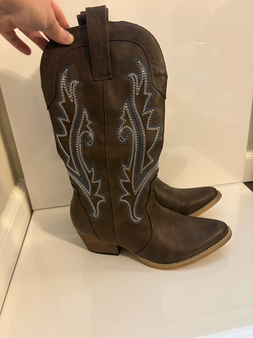 Women's Brown Western Lace-Up Boots with Blue Stitching